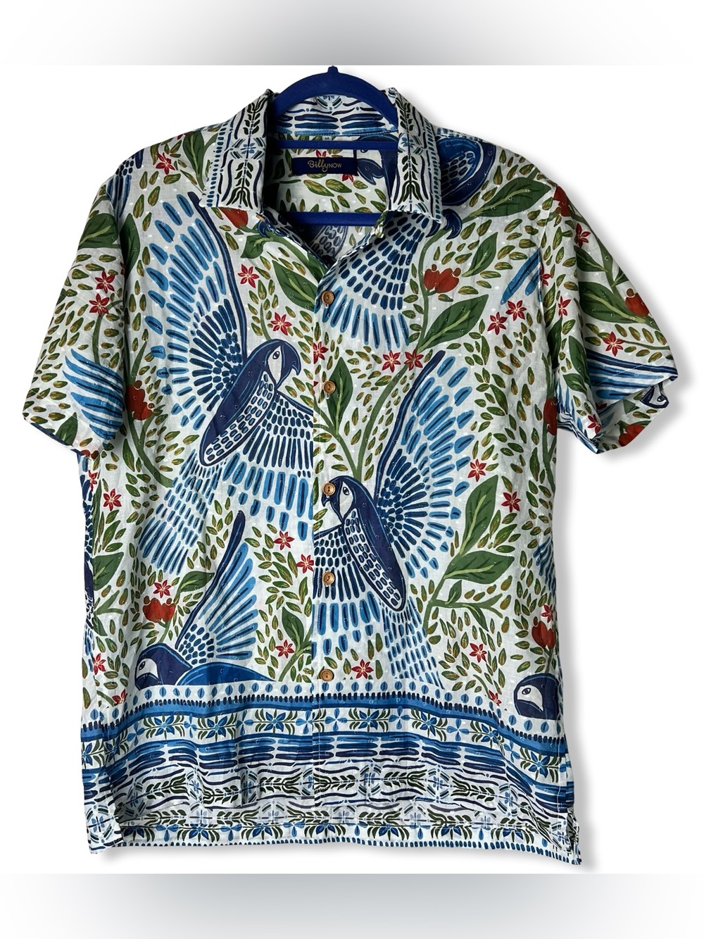 Billy Now Blue Macaw Flight Cape Town Parrot Botanical Print Shirt Mens Sz M